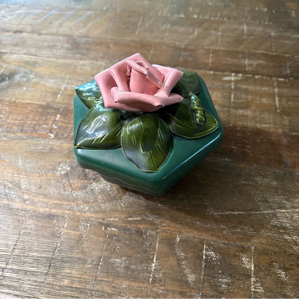Green Ceramic Trinket Box with Pink Rose Lid